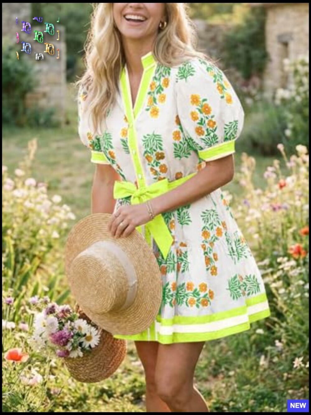 Floral Mini Dress Puff Sleeve V Neck Button Down Boho Casual Loose Fit - Picture 4 of 7